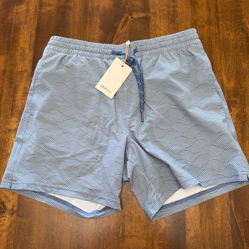 Quince Light Blue Wave Print Swim Trunks